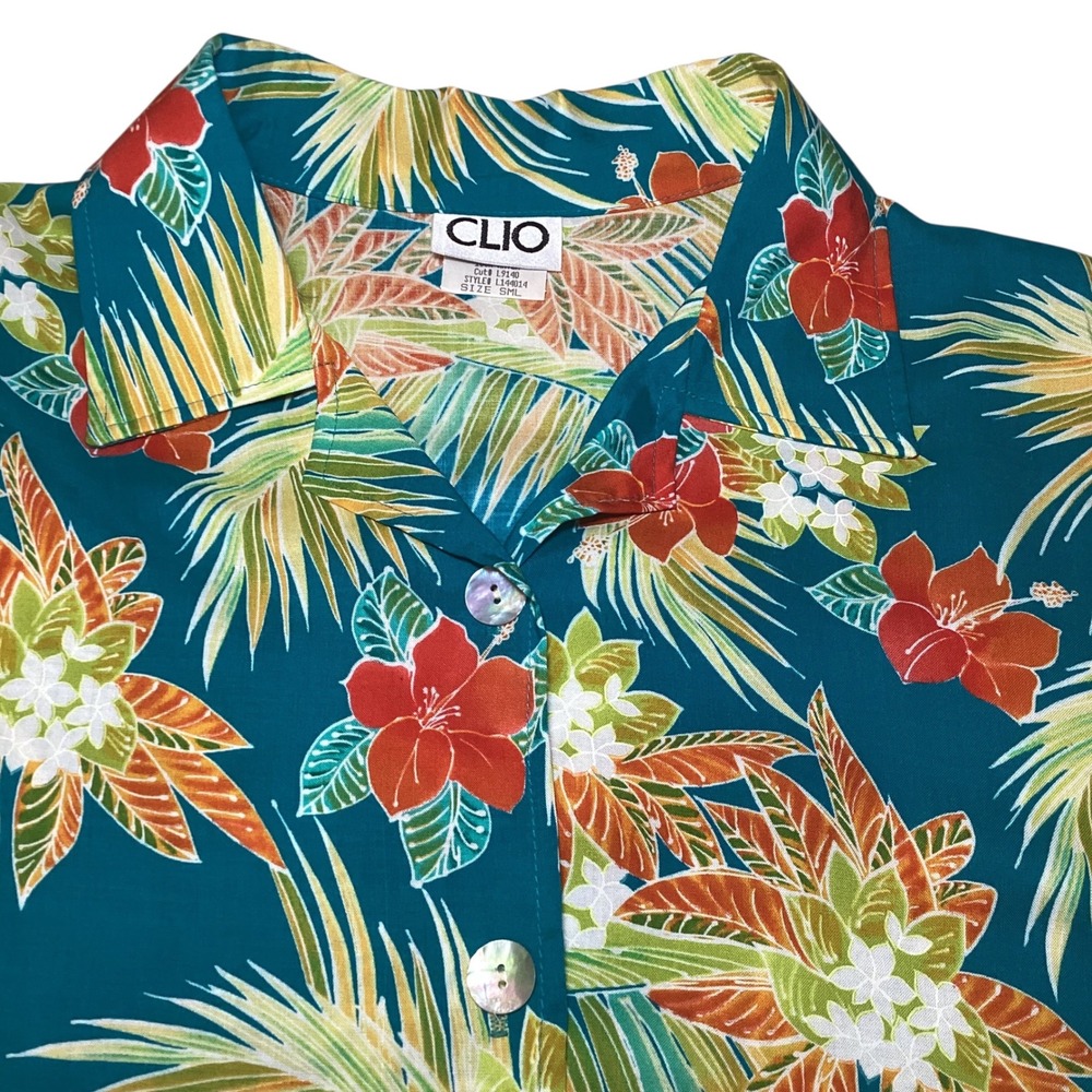 Clio Womens Teal Tropical Floral Rayon Button Down Shirt Style L144014 Sz Small